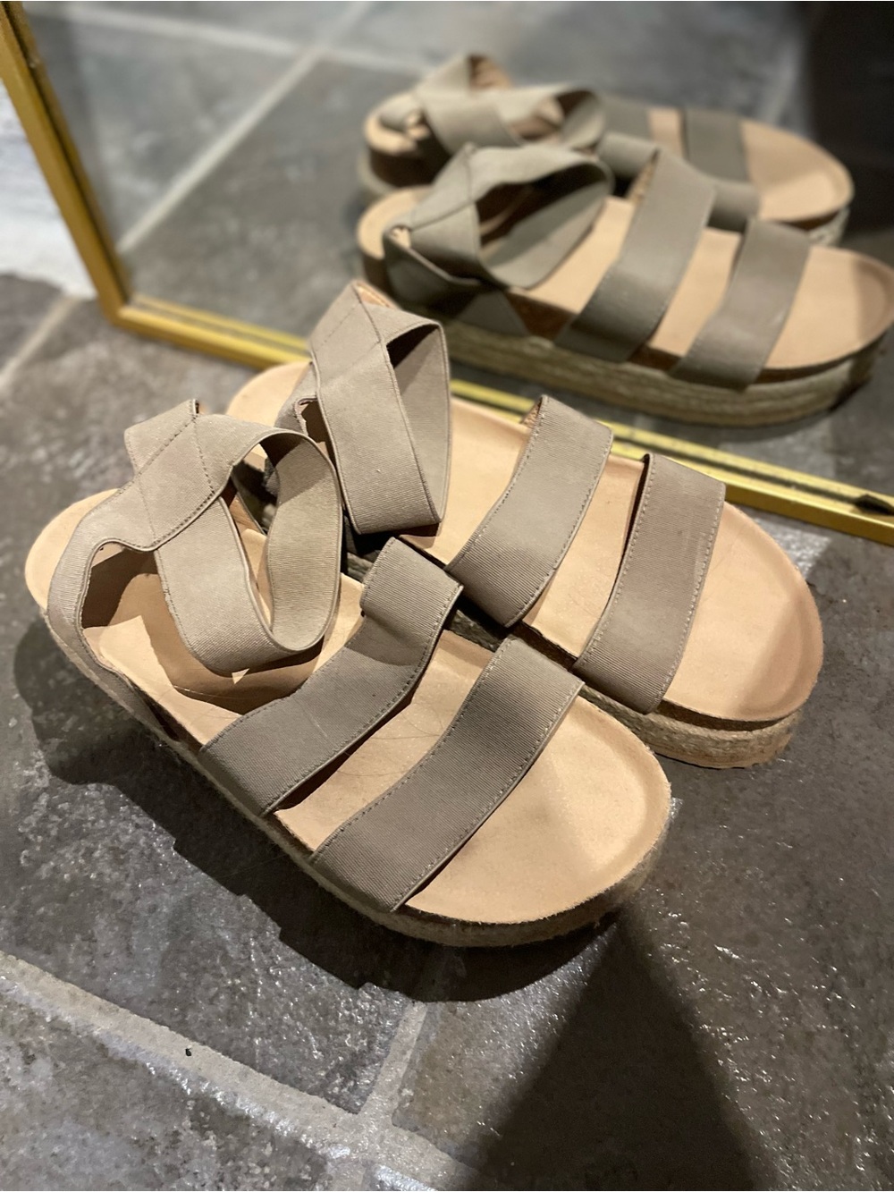 Neutral Taupe Strappy Platform Sandals with Elastic Cross Straps